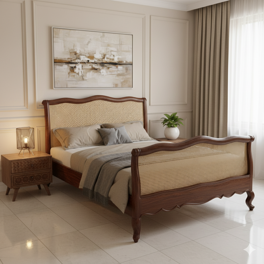 Rattan Elegance Series Solid Wood Cane Bed Frame