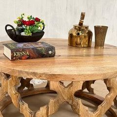 Bristol Hand Carved Indian Mango Wood Round Coffee Table Brown 45x75x75Cm