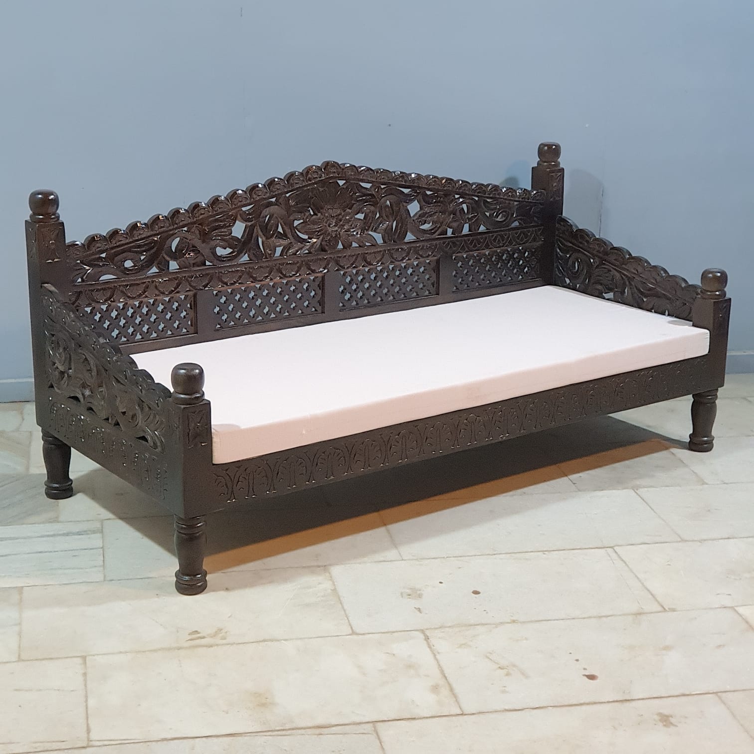 Hand carved mango wood daybed side view