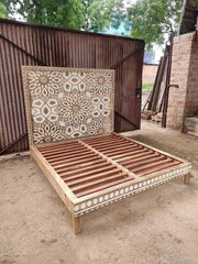 Carved Geometric Floral Design Handmade Wooden Bed