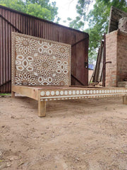 Carved Geometric Floral Design Handmade Wooden Bed