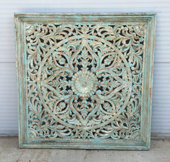 Carved Handmade Mango Wood Floral Carvings Wall Hanging Panel Distressed Green