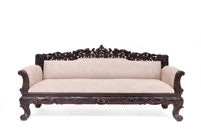 Hand Carved Indian Furniture Solid Mango Wood Daybed Sofa 3 Seater in Dark Brown