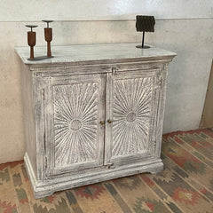 Handcrafted Indian Furniture Carved Solid Hard Wood 2Doors Cabinet Greywash 107x51x97Cm