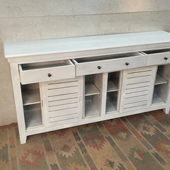 Handmade Carved Indian Furniture Reclaimed Wood Shutter Doors White With 4 Drawers 183x40x90Cm