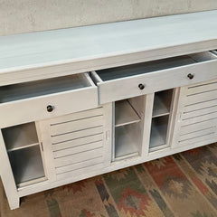 Handmade Carved Indian Furniture Reclaimed Wood Shutter Doors White With 4 Drawers 183x40x90Cm