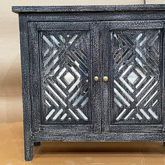 Handcrafted Indian Furniture Carved Solid Hard Wood 2 Mirror Doors Cabinet Black 81x31x75cm