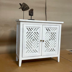 Handcrafted Indian Furniture Carved Solid Hard Wood 2 Mirror Doors Cabinet White 81x31x75cm