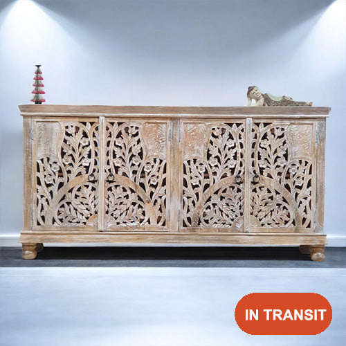 Handmade Carved Indian Mango Wood   4 Doors Sideboard White 180x40x90 cm