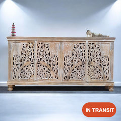 Handmade Carved Indian Mango Wood   4 Doors Sideboard White 180x40x90 cm