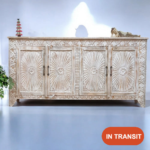 Handmade Carved Indian Mango Wood   4 Doors Sideboard 180x40x90cm Whitewash