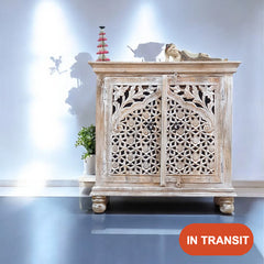 Indian Hand Carved Solid Wooden Cabinet 90x40x90cm  Whitewash