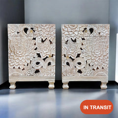 Indian Hand Carved Solid Wooden Bedside Table White 46x60x60cm