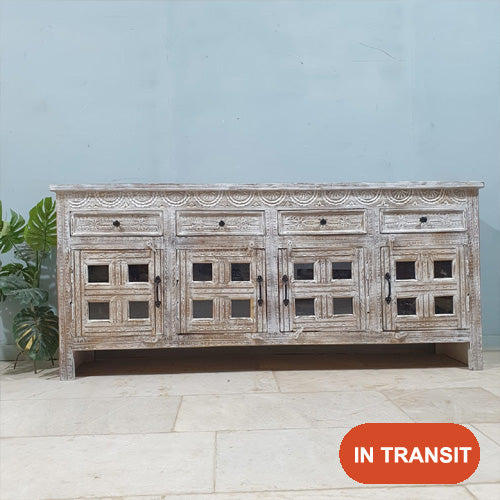 Handmade Carved Indian Mango Wood 4 Drawers 4 Doors Sideboard Whitewash