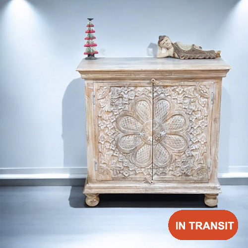 Indian Hand Carved Solid Wooden Cabinet 90x40x90cm Whitewash