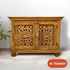 Handmade Indian Furniture Solid Hard Wood Carved 2 Doors Cabinet