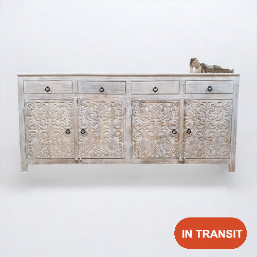 Handmade Carved Indian Mango Wood 4 Drawers 4 Doors Sideboard Whitewash