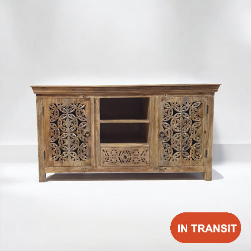 Handmade Carved Indian Mango Wood 2 Door 1 Drawer Sideboard Natural