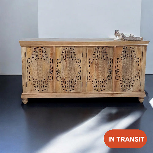 Handmade Carved Indian Mango Wood   4 Doors Sideboard Brown 180x40x90cm