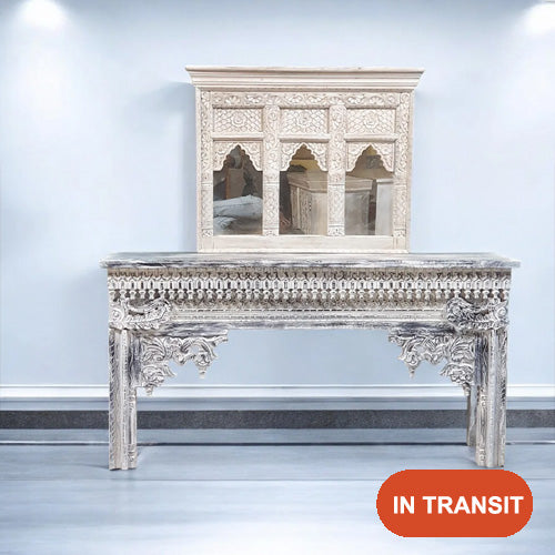 Handmade Indian Furniture Solid Hard Wood Carved Console Table 150x40x90Cm White