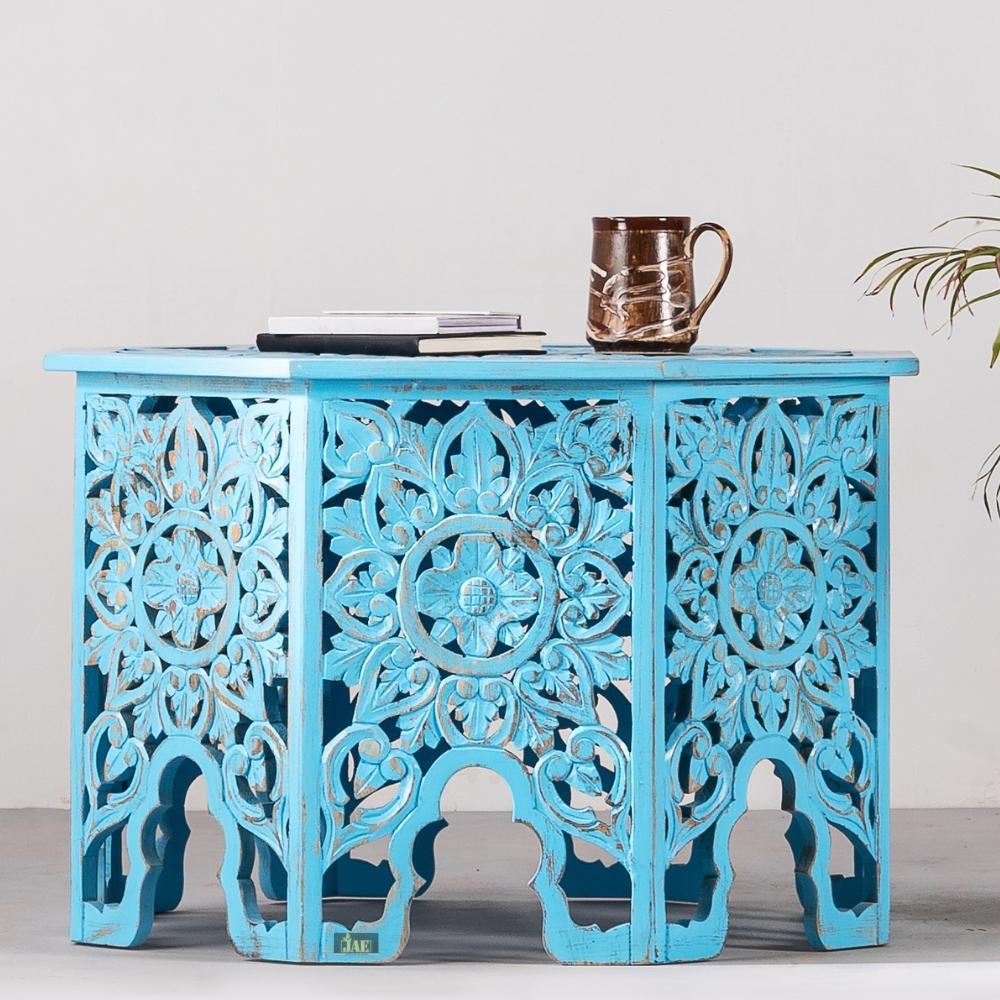 Handmade Carved Mango Wood Octagon Coffee Table Blue Distressed