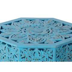 Handmade Carved Mango Wood Octagon Coffee Table Blue Distressed