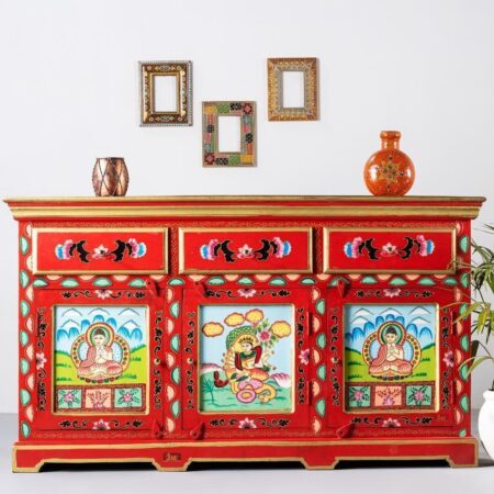 Brush & Timber Handmade Carved Mango Wood Handpainted Cabinet Sideboard