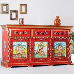 Brush & Timber Handmade Carved Mango Wood Handpainted Cabinet Sideboard