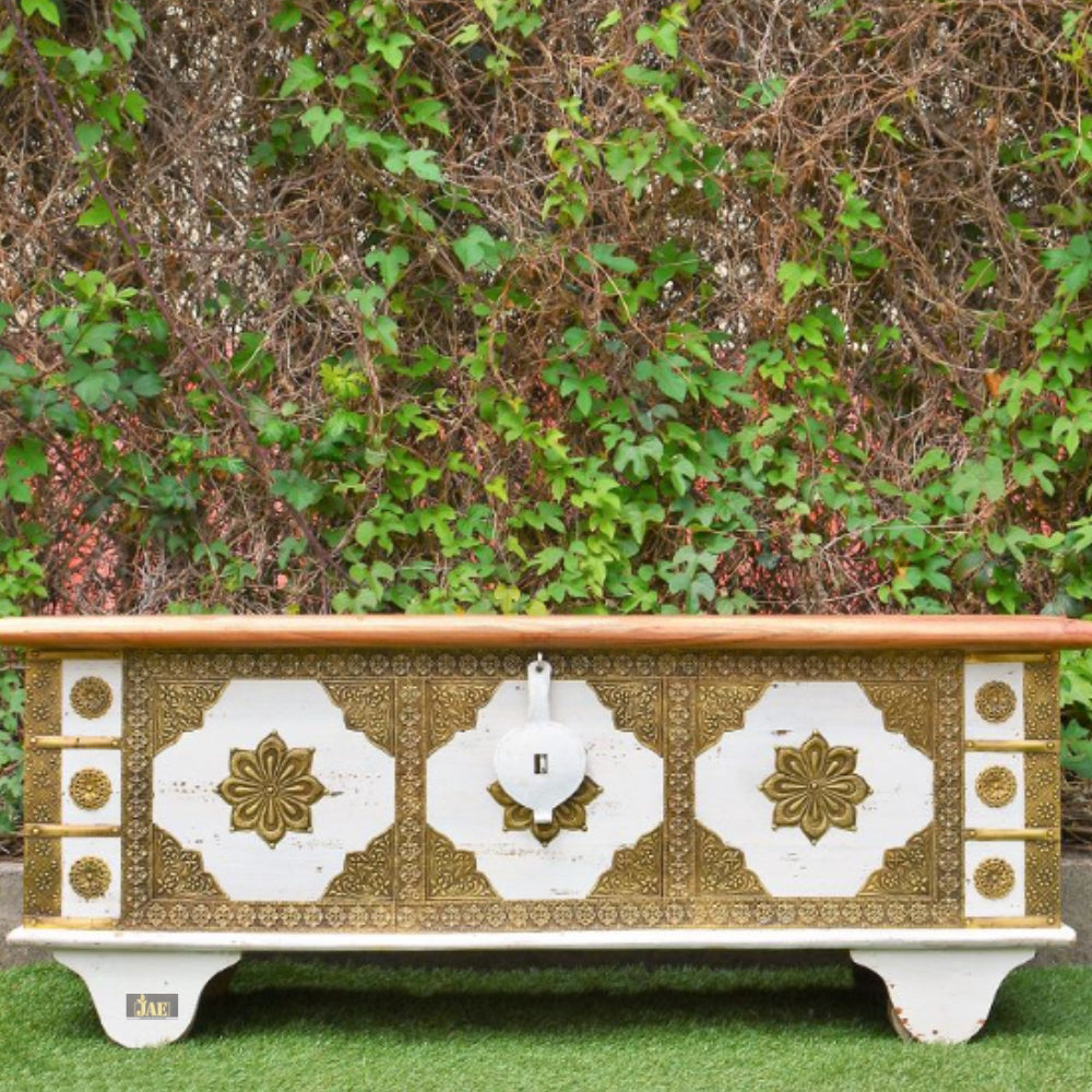 Embossed Handmade Mango Wood Brass Fitted Trunk Coffee Table (White Antique)