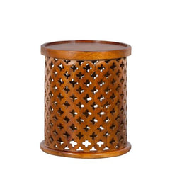 Handmade Carved Mango Wood Round Side Table with Jali Work (Brown)