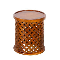 Handmade Carved Mango Wood Round Side Table with Jali Work (Brown)