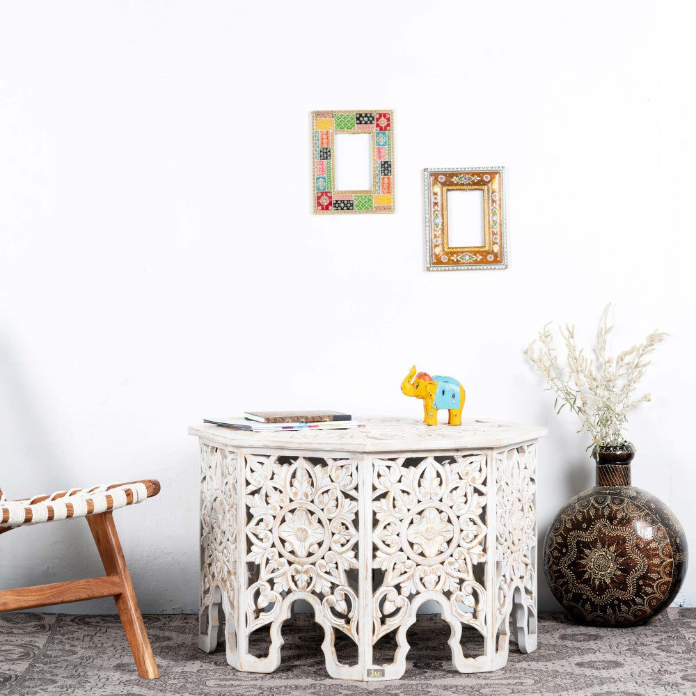 Handmade Carved Mango Wood Octagon Coffee Table White Distressed