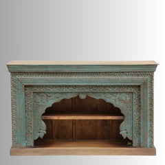 Mehrab Handmade Indian Furniture Wooden Carved Console Table (Green Distress)