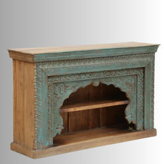 Mehrab Handmade Indian Furniture Wooden Carved Console Table (Green Distress)