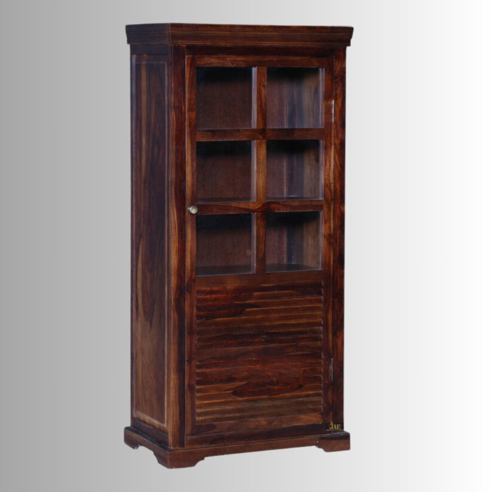 Colonial Handmade Carved Solid Mango Wooden Storage Glass Cupboard