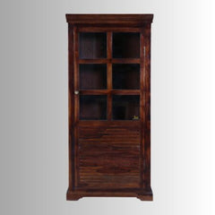 Colonial Handmade Carved Solid Mango Wooden Storage Glass Cupboard