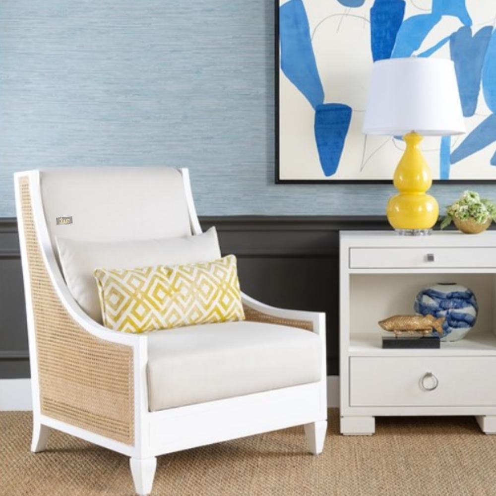 Occasional Accent Wooden Rattan Lounge Chair (White)