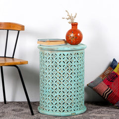 Bristol Hand Carved Indian Solid Wood Round Side Table Turquoise Distress