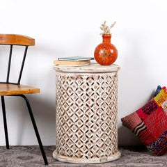 Bristol Hand Carved Indian Solid Wood Round Side Table White Brown Distress