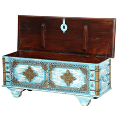 Embossed Handmade Mango Wood Storage Trunk cum Coffee Table (Light Blue Distress)