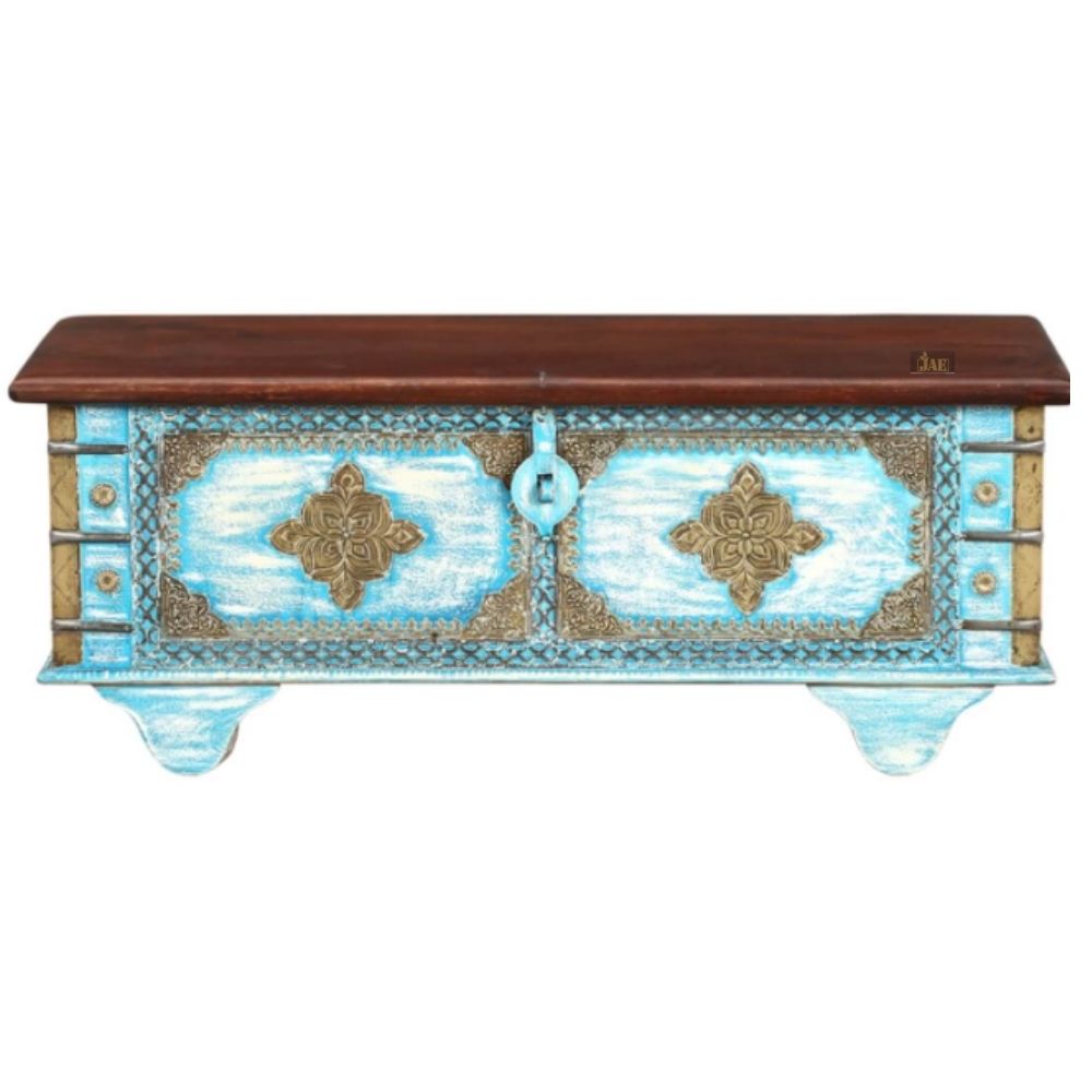 Embossed Handmade Mango Wood Storage Trunk cum Coffee Table (Light Blue Distress)