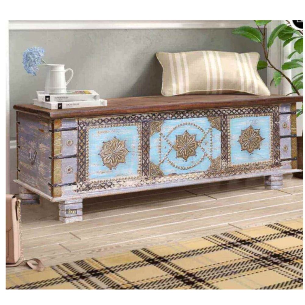 Embossed Handmade Mango Wood Storage Trunk cum Coffee Table (Grey Distress)