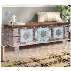 Embossed Handmade Mango Wood Storage Trunk cum Coffee Table (Grey Distress)