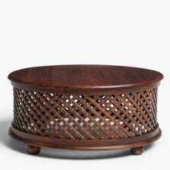 Bristol Hand Carved Indian Solid Wood Round Coffee Table With Jali (Brown)