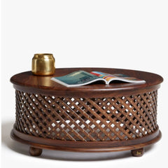 Bristol Hand Carved Indian Solid Wood Round Coffee Table With Jali (Brown)