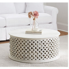 Bristol Hand Carved Indian Solid Wood Round Coffee Table With Jali (White)