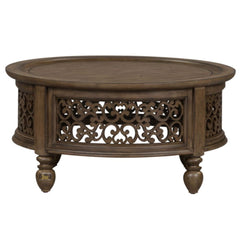 Handmade Carved Mango Wood Round Coffee Table with Jali Work (Walnut)