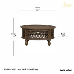 Handmade Carved Mango Wood Round Coffee Table with Jali Work (Walnut)