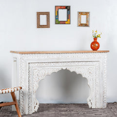 Mehrab Handmade Indian Furniture Wooden Carved Console Table (White Distress)