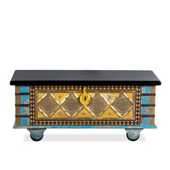 Embossed Handmade Mango Wood Brass Fitted Trunk Coffee Table (Blue Distress)